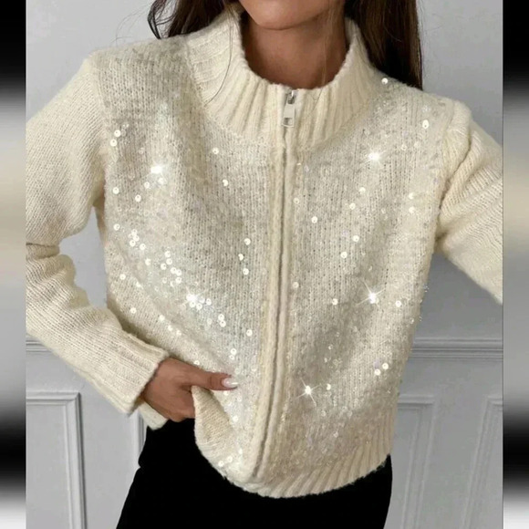 2024 New Women's Fashion Sequin Knit Zip-Up Cardigan, Long Sleeve - Picture 2 of 6